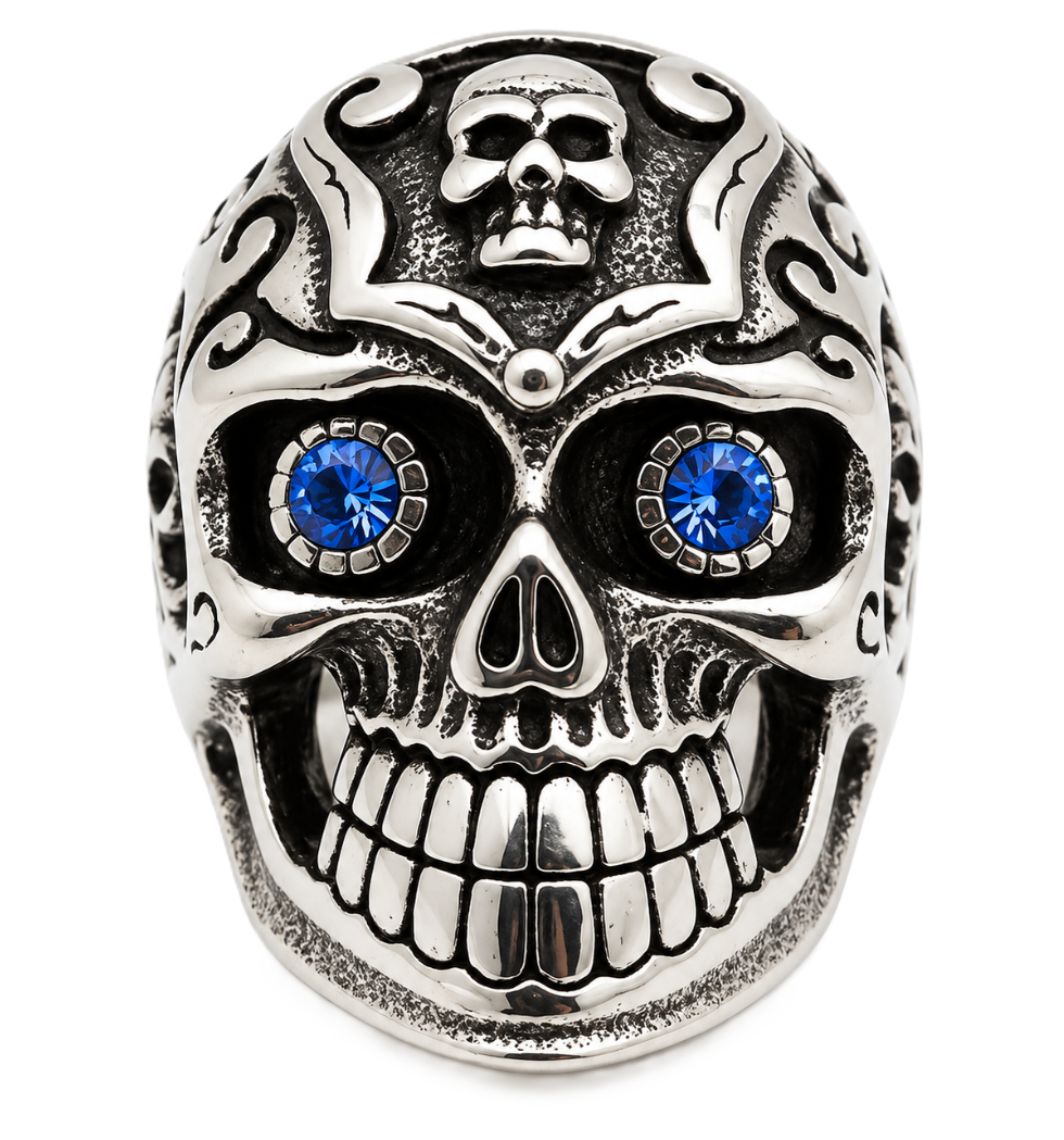 Gothic Skull Ring with Blue or Red Eyes Men's Biker Stainless Steel SR36