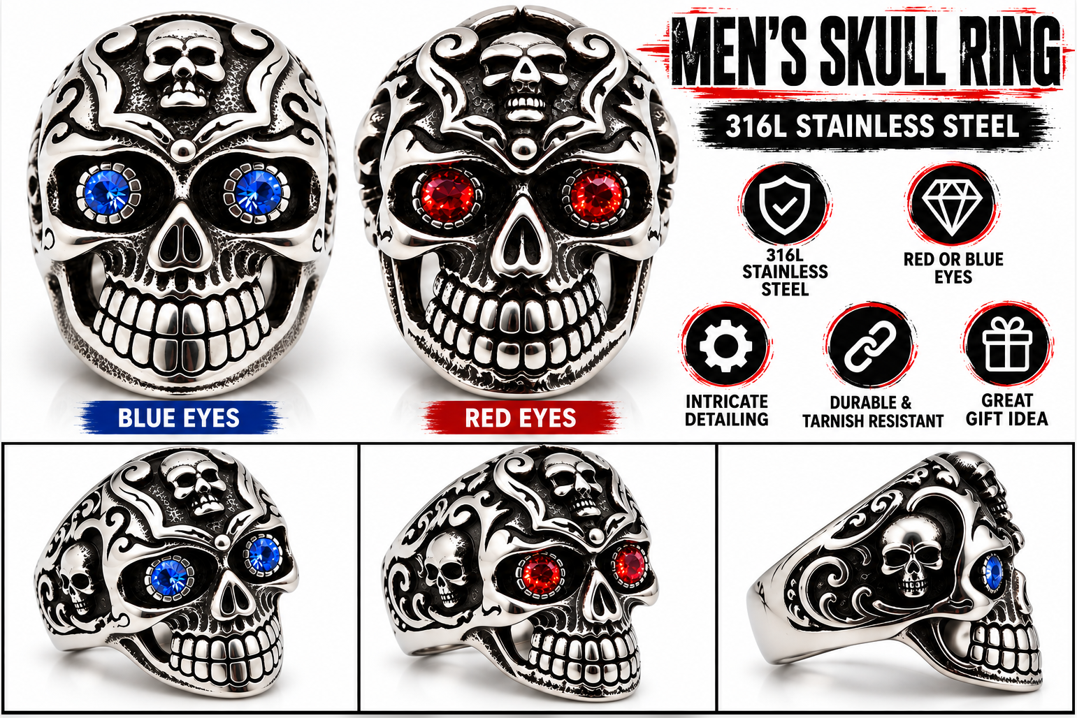 Gothic Skull Ring with Blue or Red Eyes Men's Biker Stainless Steel SR36