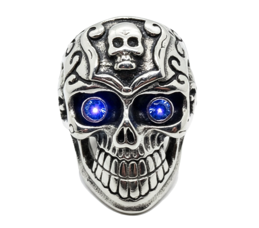 Gothic Skull Ring with Blue or Red Eyes Men's Biker Stainless Steel SR36
