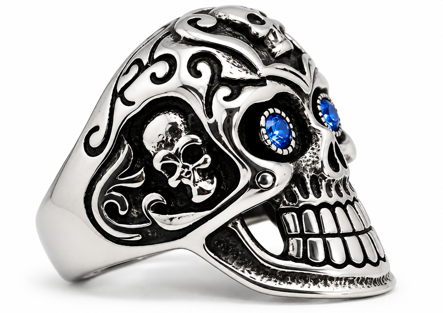 Gothic Skull Ring with Blue or Red Eyes Men's Biker Stainless Steel SR36