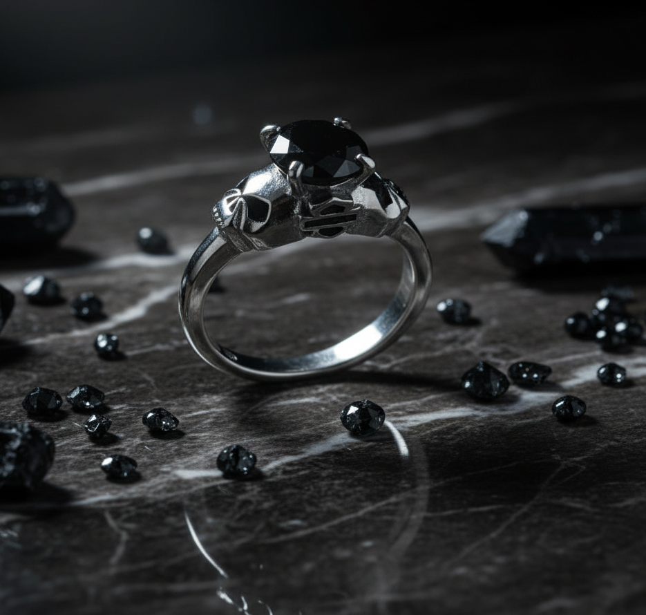 Harley-Davidson&amp;reg; Willie G Women's Skull Black Stone Solitaire Ring Sterling Silver HDR0373