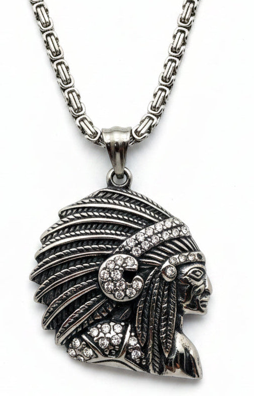 Heavy, Big Native Indian Chief Pendant / 4mm Byzantine Chain Stainless Steel