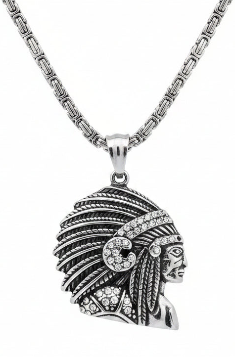 Heavy, Big Native Indian Chief Pendant / 4mm Byzantine Chain Stainless Steel