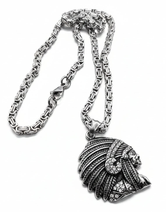Heavy, Big Native Indian Chief Pendant / 4mm Byzantine Chain Stainless Steel