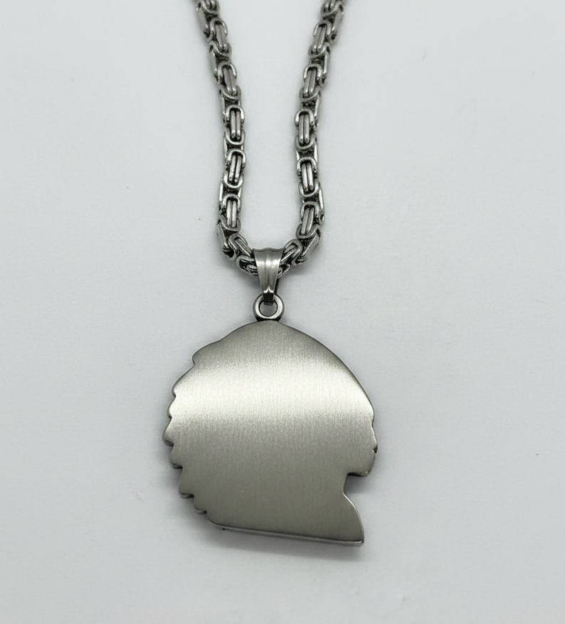 Heavy, Big Native Indian Chief Pendant / 4mm Byzantine Chain Stainless Steel