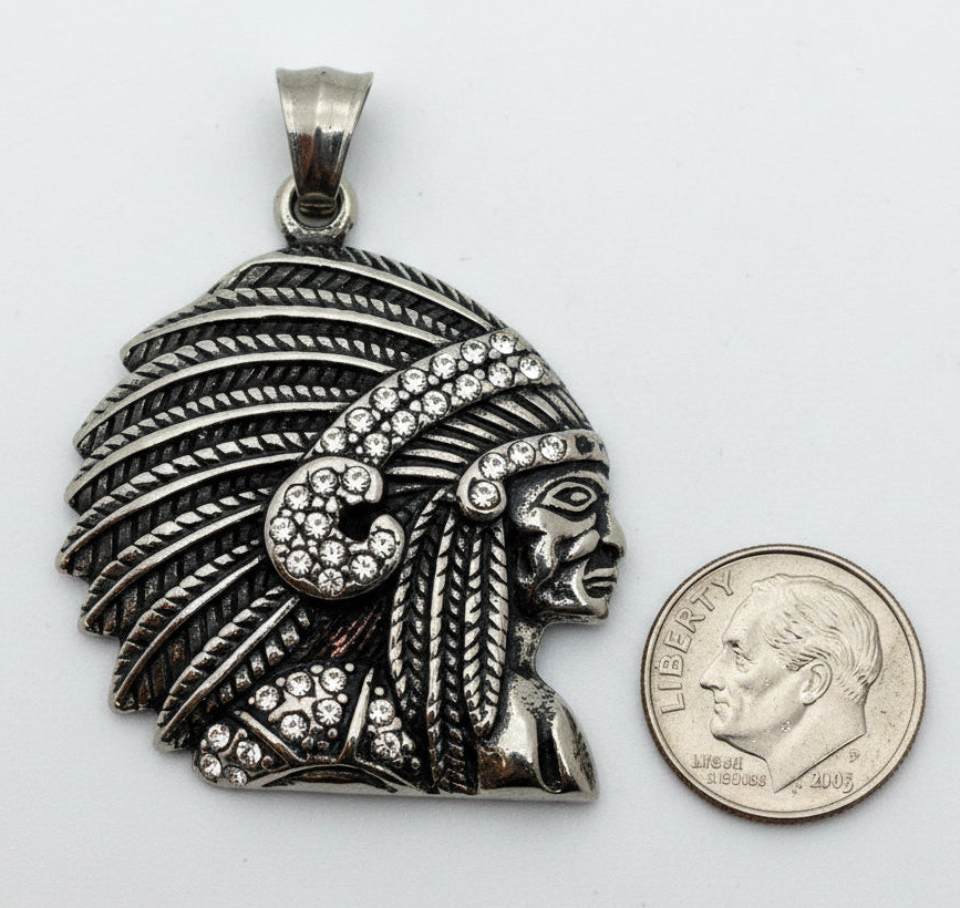 Heavy, Big Native Indian Chief Pendant / 4mm Byzantine Chain Stainless Steel