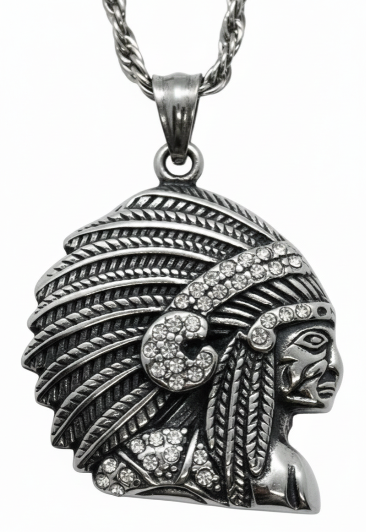 Heavy, Big Native Indian Chief Pendant / 4mm Rope Chain Stainless Steel SP77-R