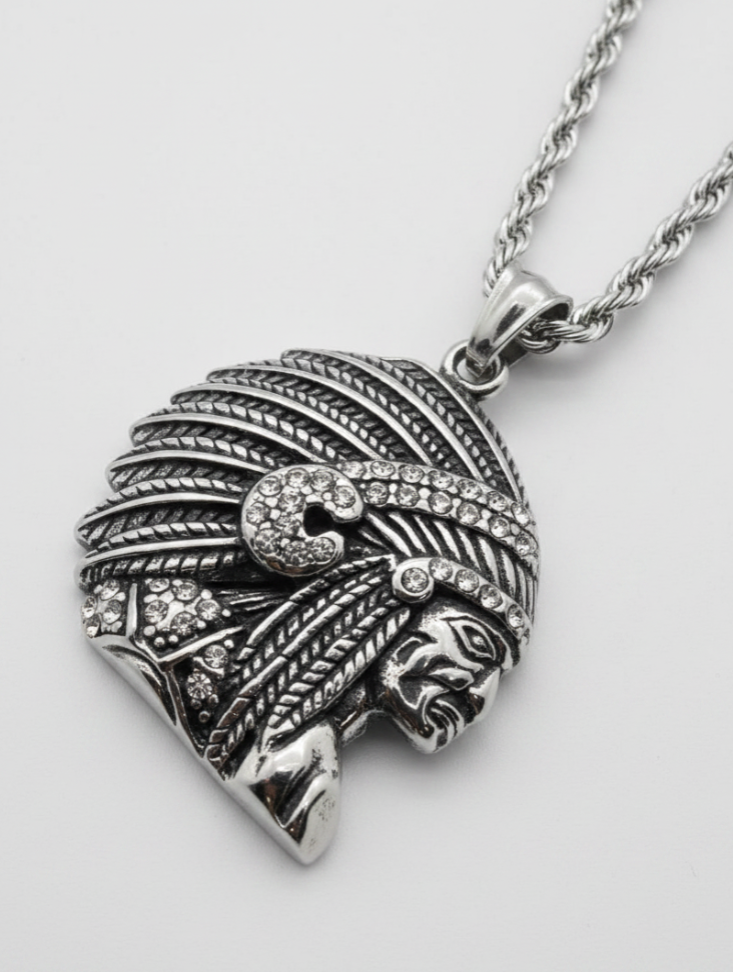 Heavy, Big Native Indian Chief Pendant / 4mm Rope Chain Stainless Steel SP77-R