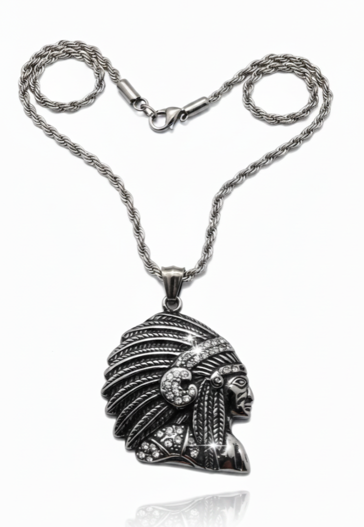 Heavy, Big Native Indian Chief Pendant / 4mm Rope Chain Stainless Steel SP77-R