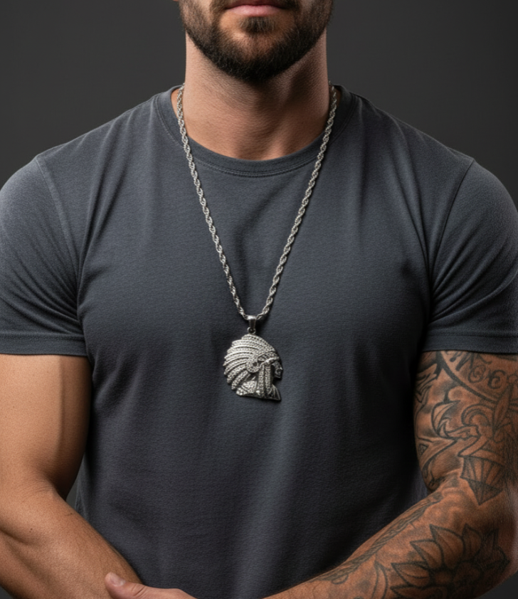 Heavy, Big Native Indian Chief Pendant / 4mm Rope Chain Stainless Steel SP77-R
