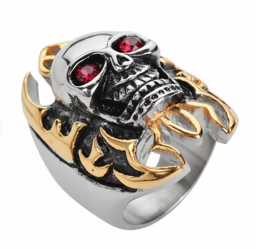 Heavy Metal Stainless Steel Skull Ring Red Eyes Gold Flames Biker Men's