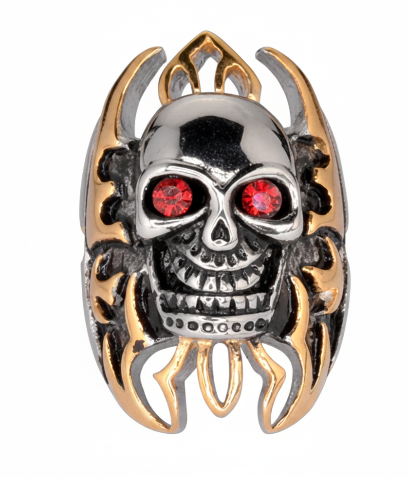 Heavy Metal Stainless Steel Skull Ring Red Eyes Gold Flames Biker Men's