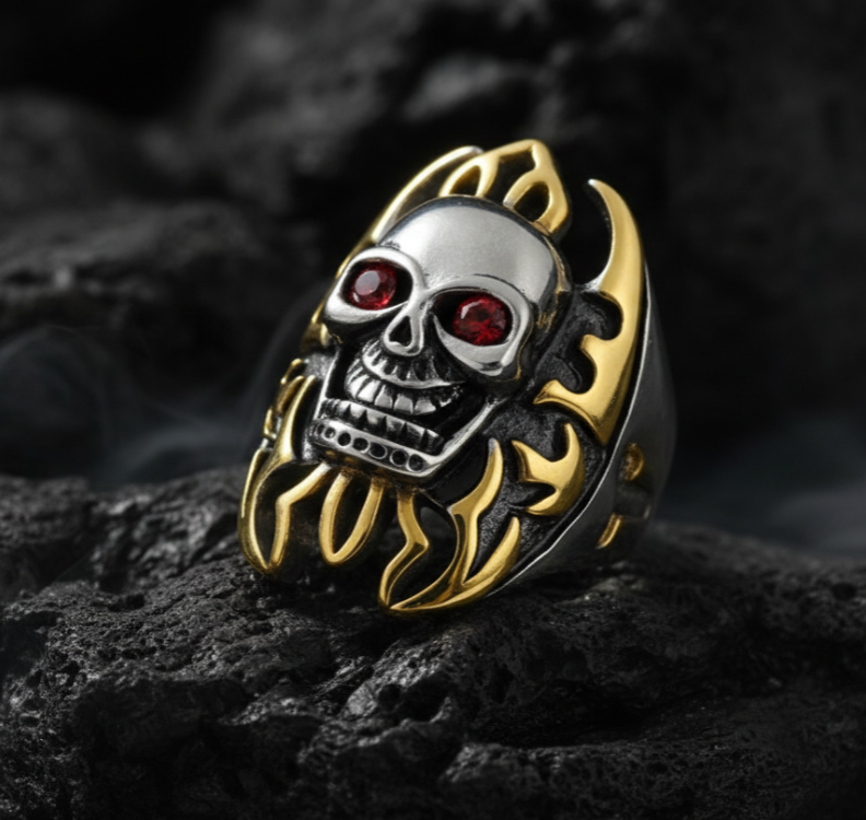 Heavy Metal Stainless Steel Skull Ring Red Eyes Gold Flames Biker Men's