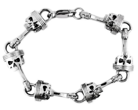 Men's Punisher Piston &amp; Skull Link Bracelet 15mm Biker Stainless Steel 