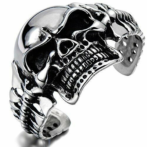 Bikers Back Bone Skull Cuff Bracelet Men's Stainless Steel 