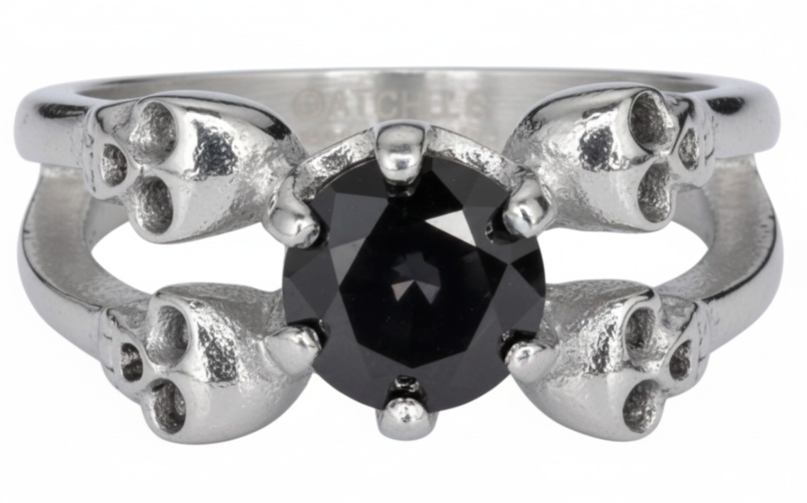 Ladies Four Skulls Solitaire RingBlack Ice CZ Stainless Steel Sizes 5-10 - Product Image