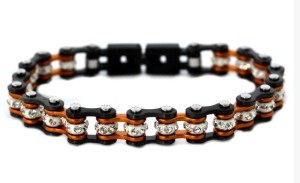 Ladies Gunmetal & Beryllium Orange with Crystals Stainless Steel Motorcycle Bike Chain Tennis Bracelet - Product Image