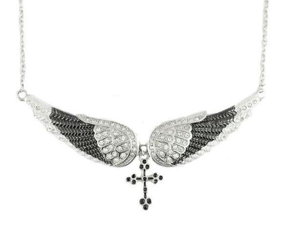 Ladies Large Black Angel Wing Crystal Necklace with Religious Cross Ladies Large Black Angel Wing Crystal Necklace with Religious Cross - Product Image