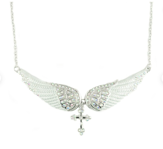 Ladies Large iridescent Crystal Bling Angel Wing White Necklace with Religious Cross Ladies Large iridescent Crystal Bling Angel Wing White Necklace with Religious Cross - Product Image