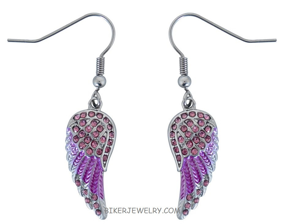 Ladies Mini Pink Angel Wing Earrings with Pink Crystals Ladies Mini Pink Angel Wing Earrings with Pink Crystals - Product Image