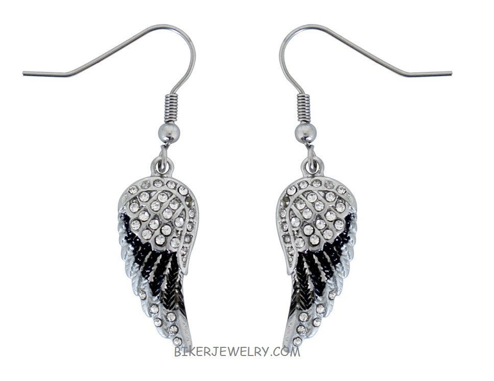 Ladies Mini Black Dangling Angel Wing Earrings with Crystals  - Product Image