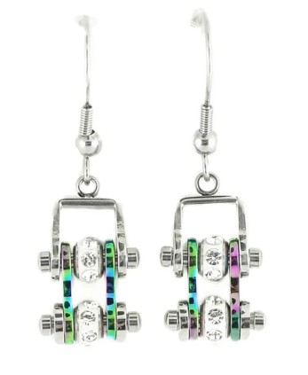 Ladies Mini Stainless Steel Chrome Fluorescence / Rainbow Bling Motorcycle Bike Chain Earrings 