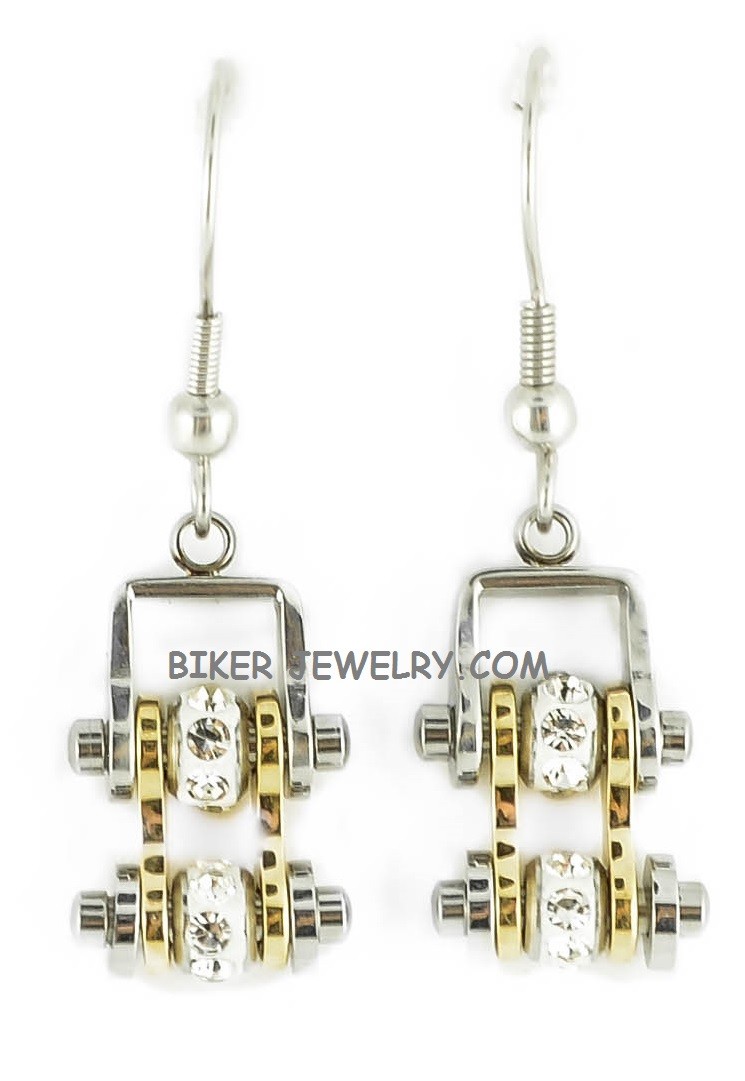 Ladies Mini Stainless Steel Chrome & Gold Bling Motorcycle Bike Chain Earrings  - Product Image