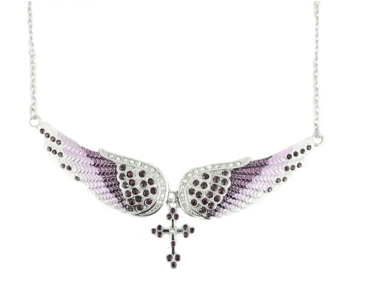 Ladies Large Purple Bling Angel Wing Crystal Necklace with Cross Ladies Large Purple Bling Angel Wing Crystal Necklace with Cross - Product Image