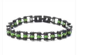 Ladies Stainless Steel Black and Green Stone Motorcycle Biker Tennis Bracelet   - Product Image