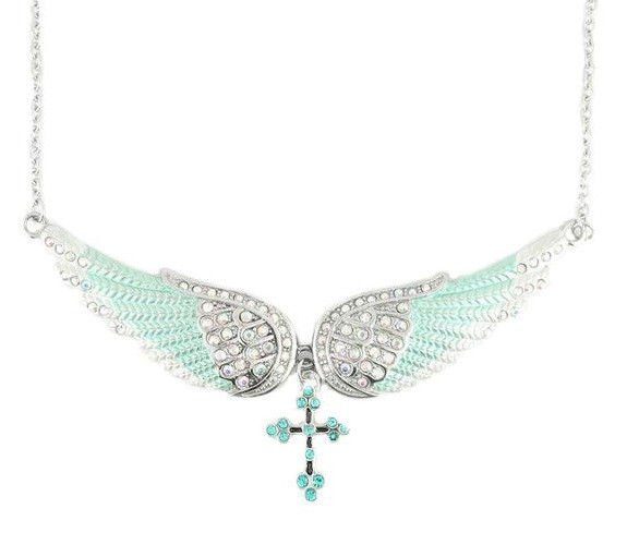Large Ladies Turquoise Color Angel Wing Crystal Necklace with Cross Pendant Large Ladies Turquoise Color Angel Wing Crystal Necklace with Cross Pendant - Product Image