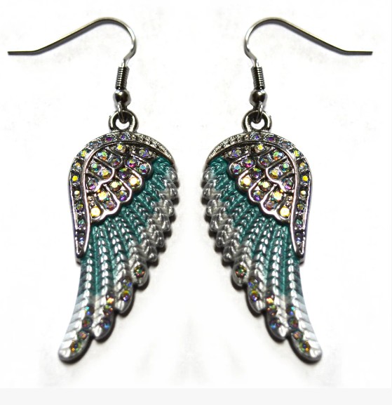 Ladies Turquoise with Iridescent Bling Stones Angel Wing Earrings Ladies Turquoise with Iridescent Bling Stones Angel Wing Earrings - Product Image