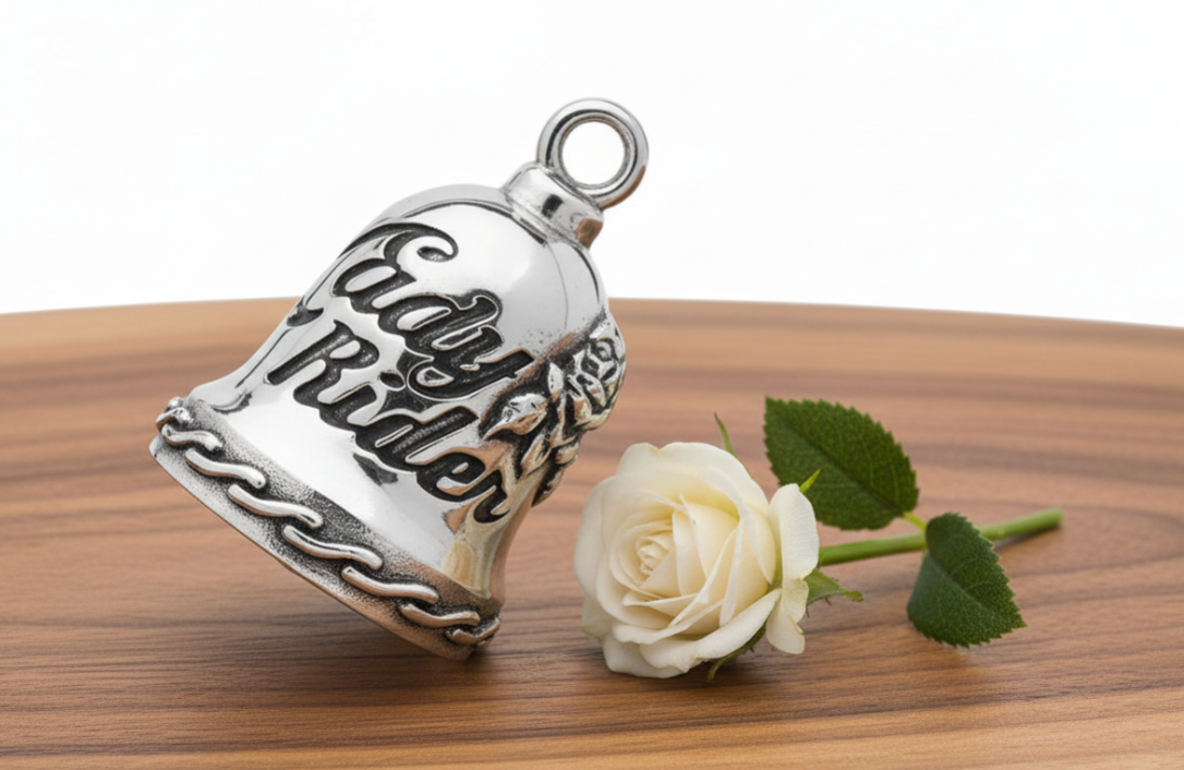 Lady Rider Motorcycle Ride Bell - Stainless Steel Guardian Bell with Rose 