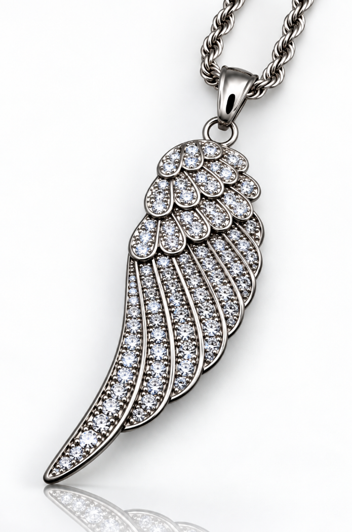 Large Angel Wing &amp; Bling Pendant on Rope Chain Lady Biker Necklace Stainless Steel
