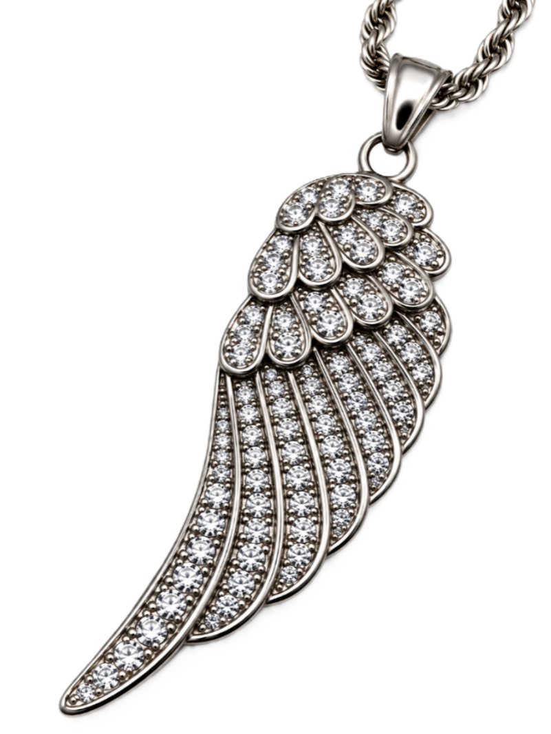 Large Angel Wing &amp; Bling Pendant on Rope Chain Lady Biker Necklace Stainless Steel