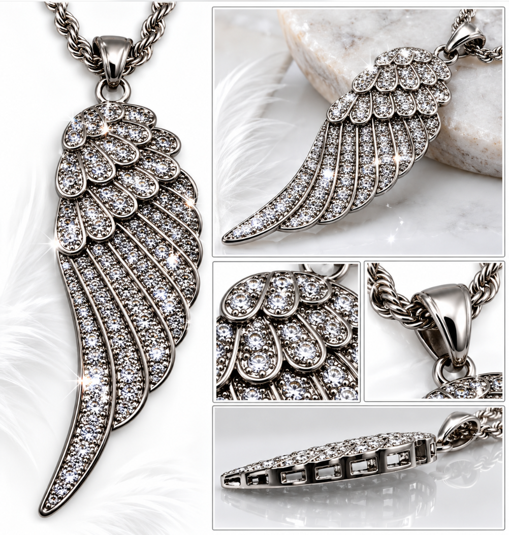 Large Angel Wing &amp; Bling Pendant on Rope Chain Lady Biker Necklace Stainless Steel