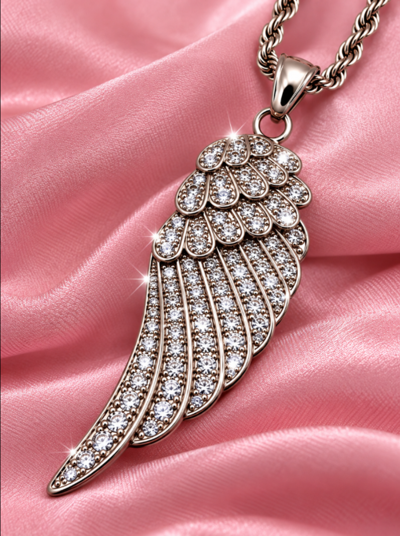 Large Angel Wing &amp; Bling Pendant on Rope Chain Lady Biker Necklace Stainless Steel