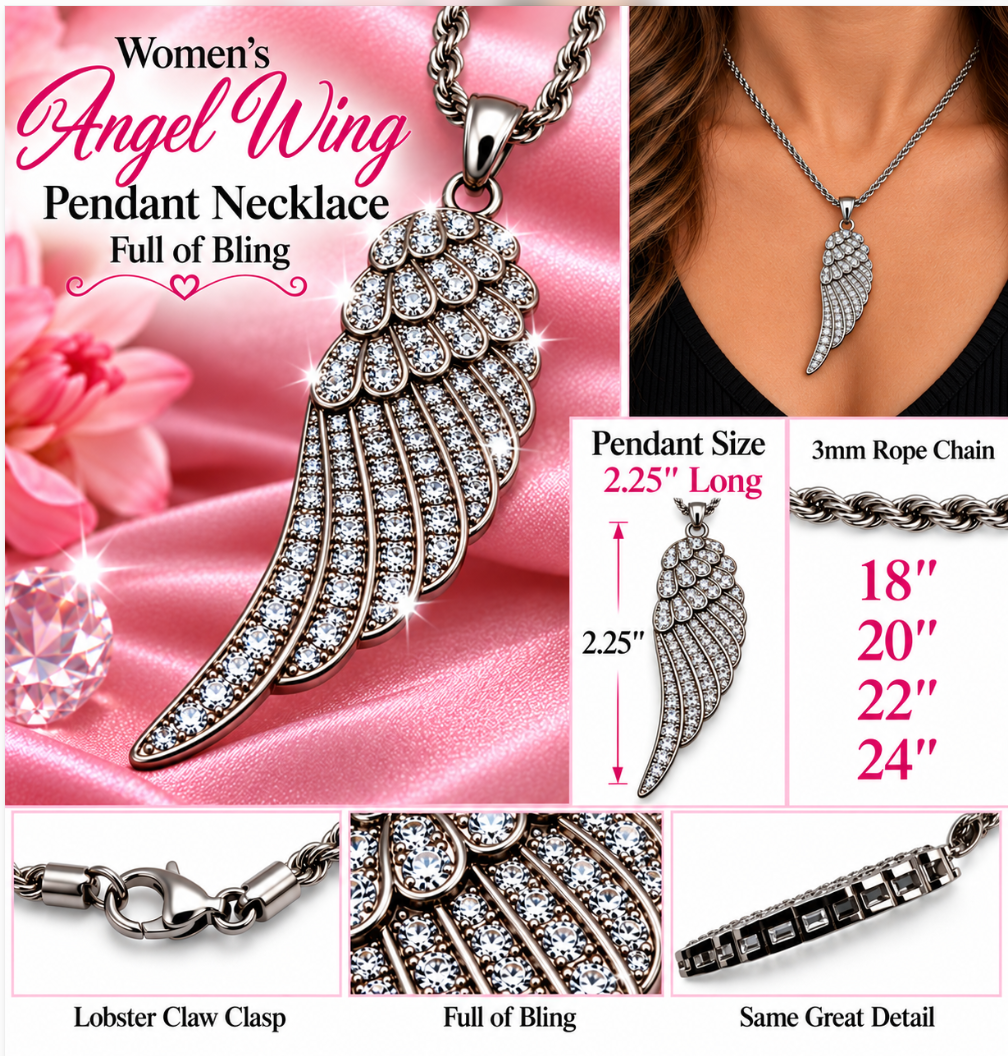 Large Angel Wing &amp; Bling Pendant on Rope Chain Lady Biker Necklace Stainless Steel