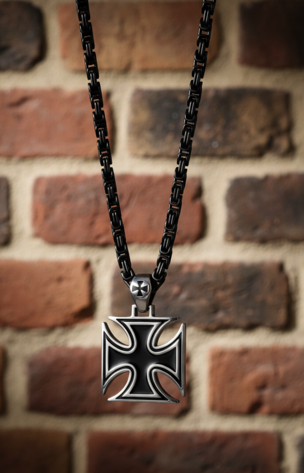 Large Iron Cross / Maltese Cross Pendant &amp; Black Byzantine Chain Stainless Steel