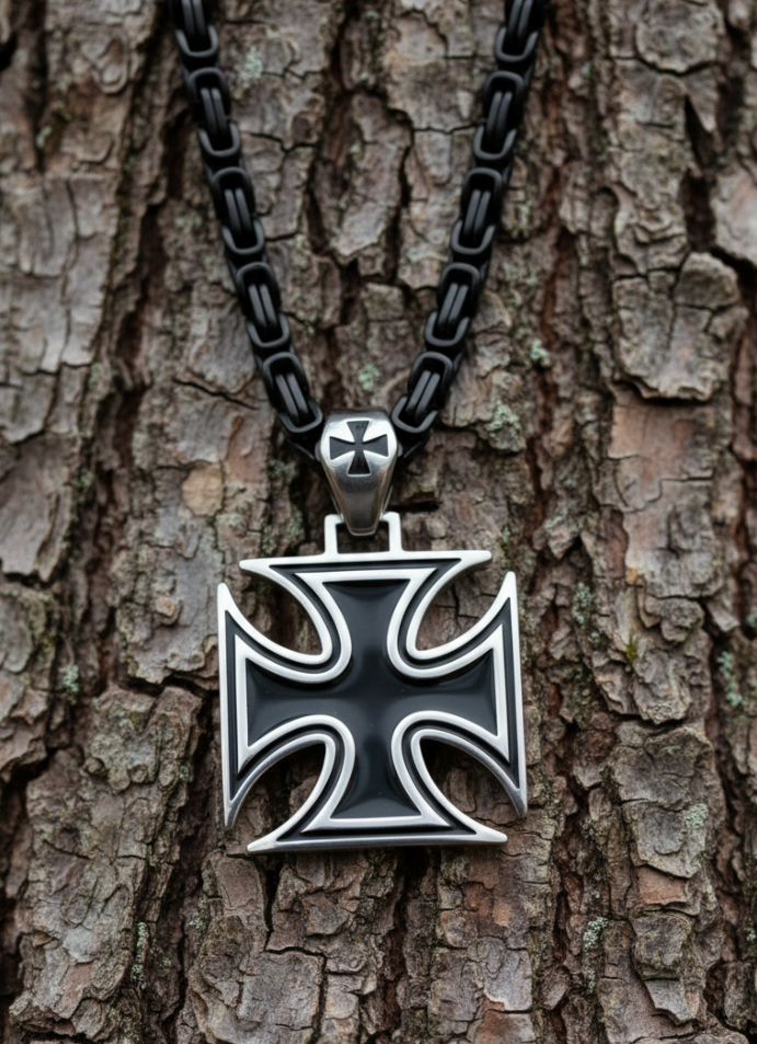 Large Iron Cross / Maltese Cross Pendant &amp; Black Byzantine Chain Stainless Steel