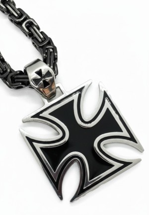 Large Iron Cross / Maltese Cross Pendant & Black Byzantine Chain Stainless Steel - Product Image