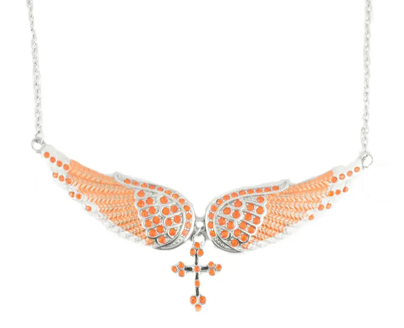 Large Ladies Orange Bling Angel Wing Crystal Necklace with Religious Cross Large Ladies Orange Bling Angel Wing Crystal Necklace with Religious Cross - Product Image