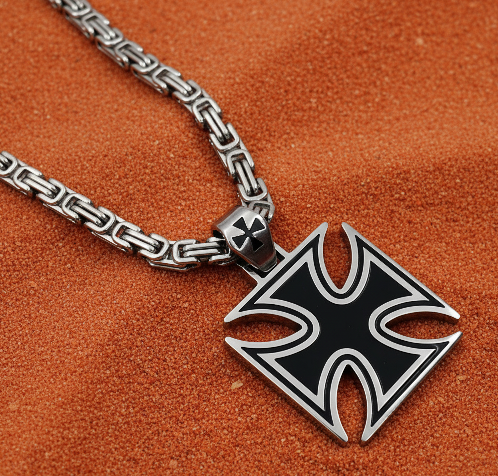 Large Maltese Cross Pendant / Iron Cross &amp; Byzantine Chain / Necklace Stainless Steel
