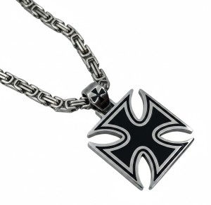 Large  Maltese Cross Pendant / Iron Cross & Byzantine Chain Stainless Steel - Product Image