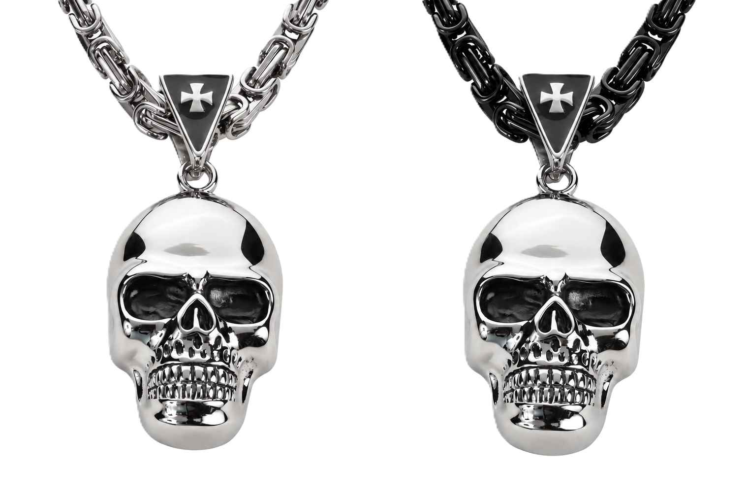 Large Skull Necklace Pendant &amp; Byzantine Chain Men's Biker Stainless Steel SP72-BYZ
