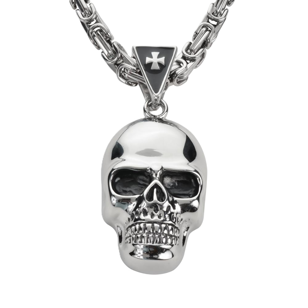 Large Skull Necklace Pendant &amp; Byzantine Chain Men's Biker Stainless Steel SP72-BYZ