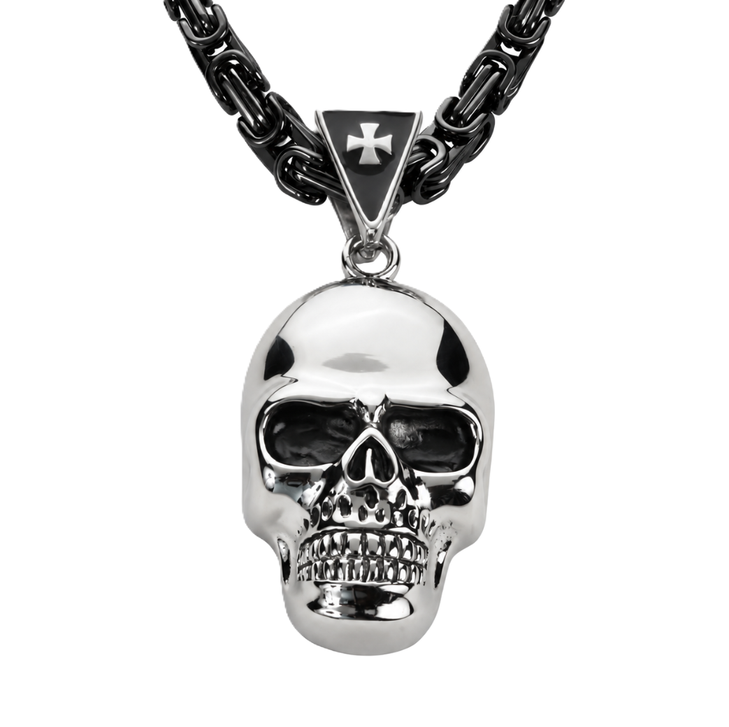 Large Skull Necklace Pendant &amp; Byzantine Chain Men's Biker Stainless Steel SP72-BYZ