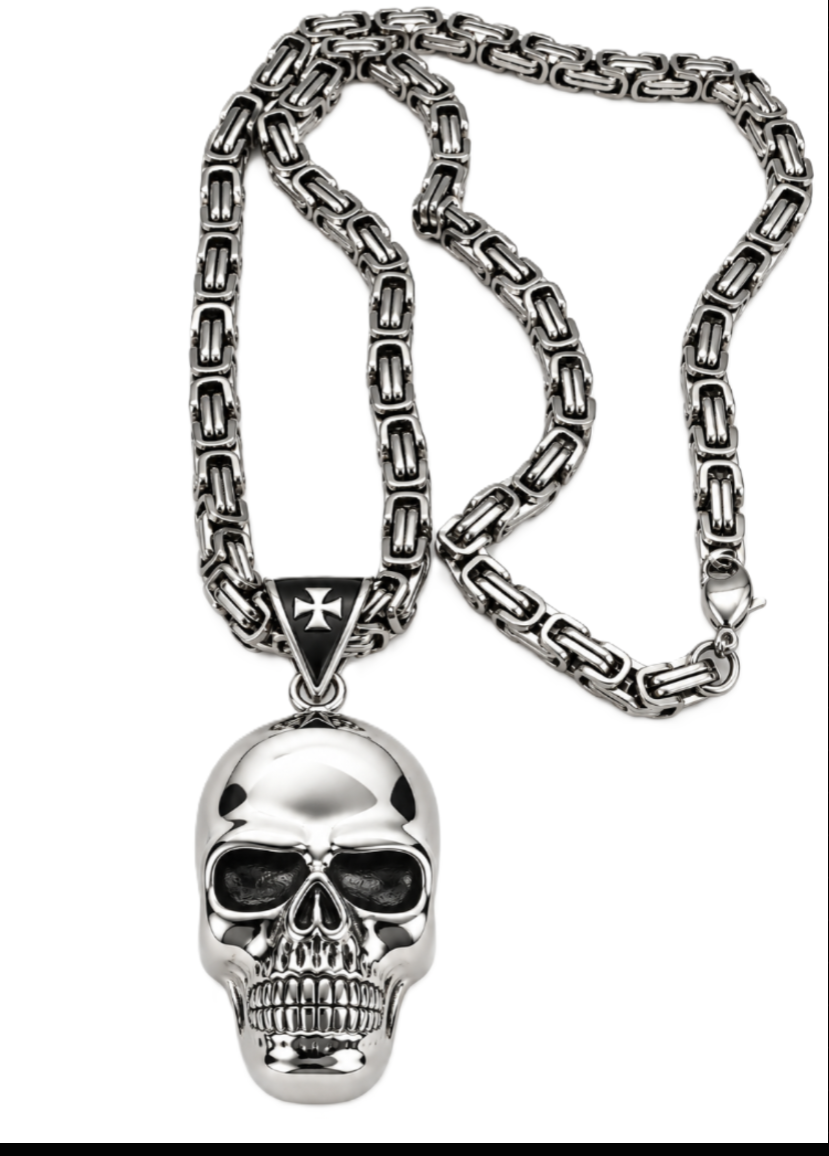 Large Skull Necklace Pendant &amp; Byzantine Chain Men's Biker Stainless Steel SP72-BYZ