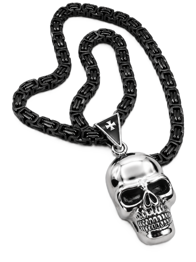 Large Skull Necklace Pendant &amp; Byzantine Chain Men's Biker Stainless Steel SP72-BYZ
