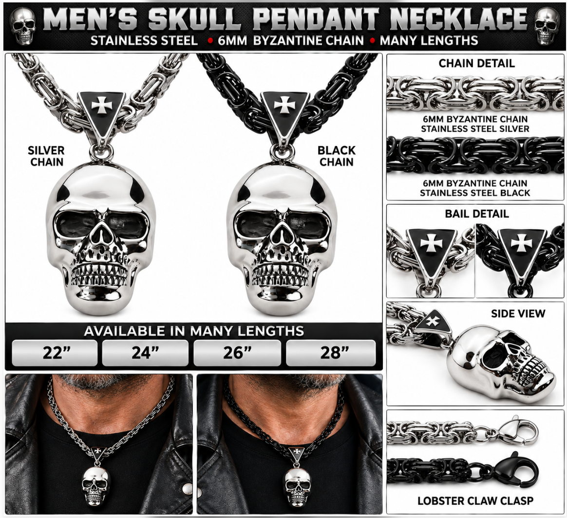 Large Skull Necklace Pendant &amp; Byzantine Chain Men's Biker Stainless Steel SP72-BYZ