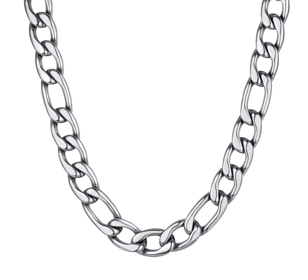 Large Skull Necklace Pendant &amp; Figaro Link Chain Men's Biker Stainless Steel SP72-FIG